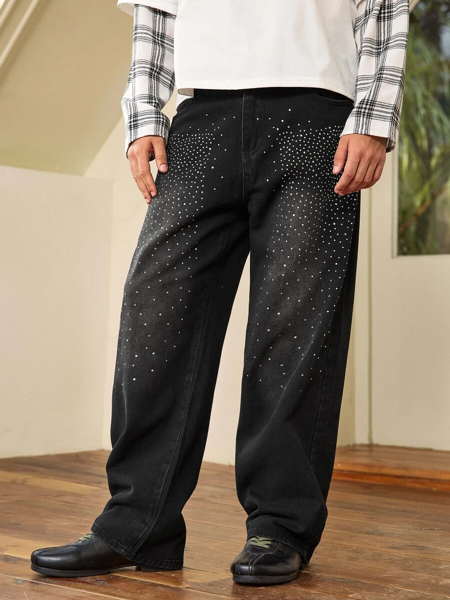 Whitmere Men's Fashion Rhinestone Non-Stretch Denim Jeans - Black - View 1
