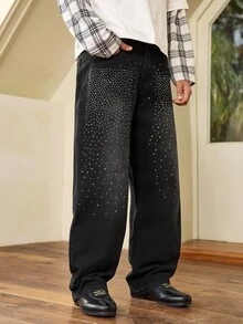 Whitmere Men's Fashion Rhinestone Non-Stretch Denim Jeans - Black - View 5