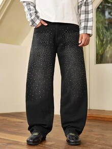 Whitmere Men's Fashion Rhinestone Non-Stretch Denim Jeans - Black - View 4