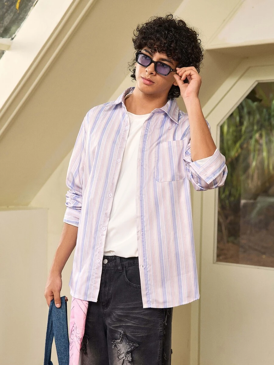 Whitmere Men's Casual Commuter Striped Long Sleeve Shirt, Versatile Comfortable Elegant, Daily Wear, Holiday Gift, - Multicolor - View 1