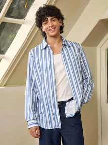 Whitmere Men's Striped Versatile Single-Breasted Casual Long Sleeve Shirt, Suitable For Daily Wear And Holiday Gift - Blue and White - View 6