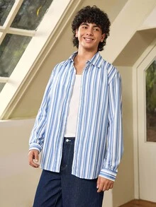 Whitmere Men's Striped Versatile Single-Breasted Casual Long Sleeve Shirt, Suitable For Daily Wear And Holiday Gift - Blue and White - View 5