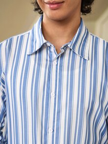 Whitmere Men's Striped Versatile Single-Breasted Casual Long Sleeve Shirt, Suitable For Daily Wear And Holiday Gift - Blue and White - View 7
