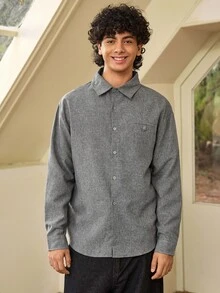 Whitmere ANDREILEE Men's Unisex Polo Collar Long Sleeve Shirt Street Casual Commute Solid Color Loose Fit Top Spring Autumn - Grey - View 5