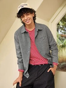 Whitmere ANDREILEE Men's Unisex Polo Collar Long Sleeve Shirt Street Casual Commute Solid Color Loose Fit Top Spring Autumn - Grey - View 1