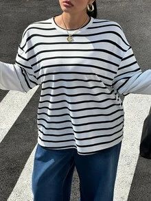 Muchica Plus Size Women Striped Round Neck Casual Loose Long Sleeve T-Shirt Stripe Top Nautical For Summer Spring - Black and White - View 4