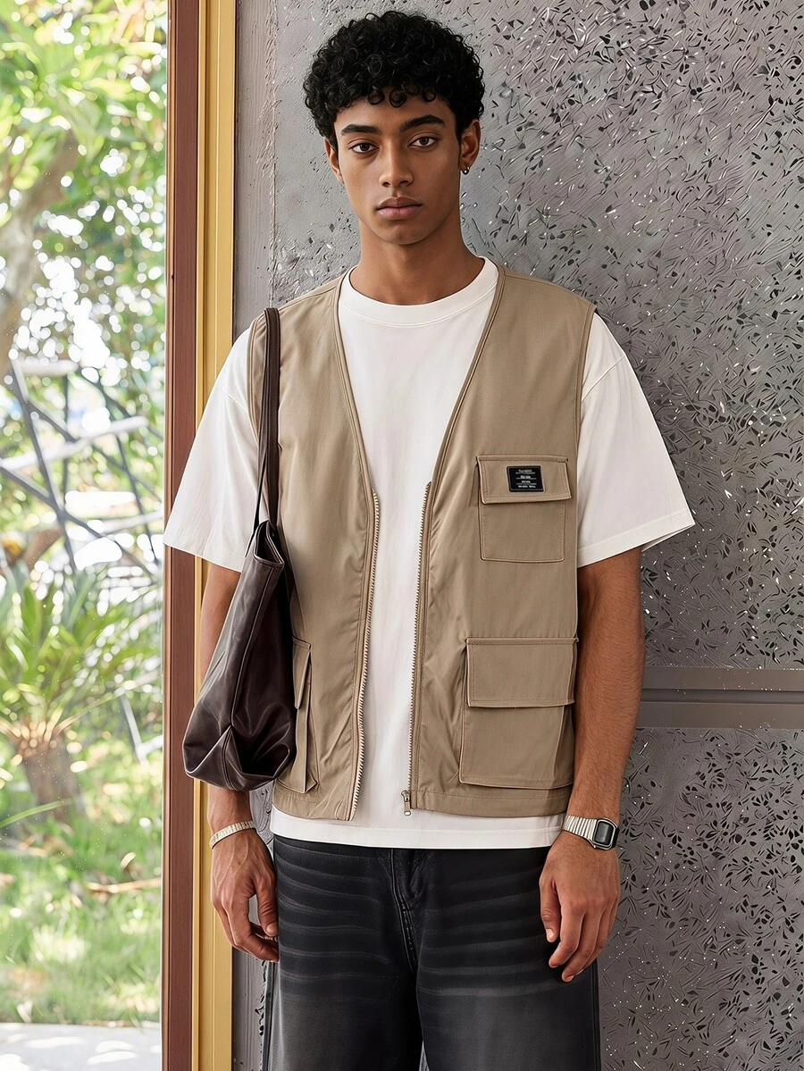 ESTAVOR Men's Casual Versatile Zip Pocket Vest Top For Daily Wear - Camel - View 1