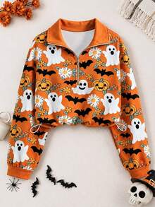 SHEIN American Vintage Half-Zip Ghost Print Niche Sweatshirt - Orange - View 2