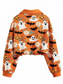 SHEIN American Vintage Half-Zip Ghost Print Niche Sweatshirt - Orange - View 3