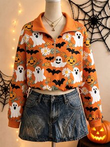 SHEIN American Vintage Half-Zip Ghost Print Niche Sweatshirt - Orange - View 1