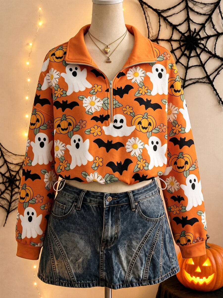 SHEIN American Vintage Half-Zip Ghost Print Niche Sweatshirt - Orange - View 1