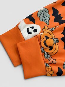 SHEIN American Vintage Half-Zip Ghost Print Niche Sweatshirt - Orange - View 7