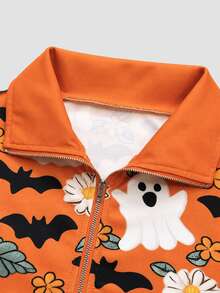 SHEIN American Vintage Half-Zip Ghost Print Niche Sweatshirt - Orange - View 4