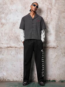Skyrend 男士格紋拼接休閒長袖襯衫 頹廢風 - 黑與白 - 查看 3