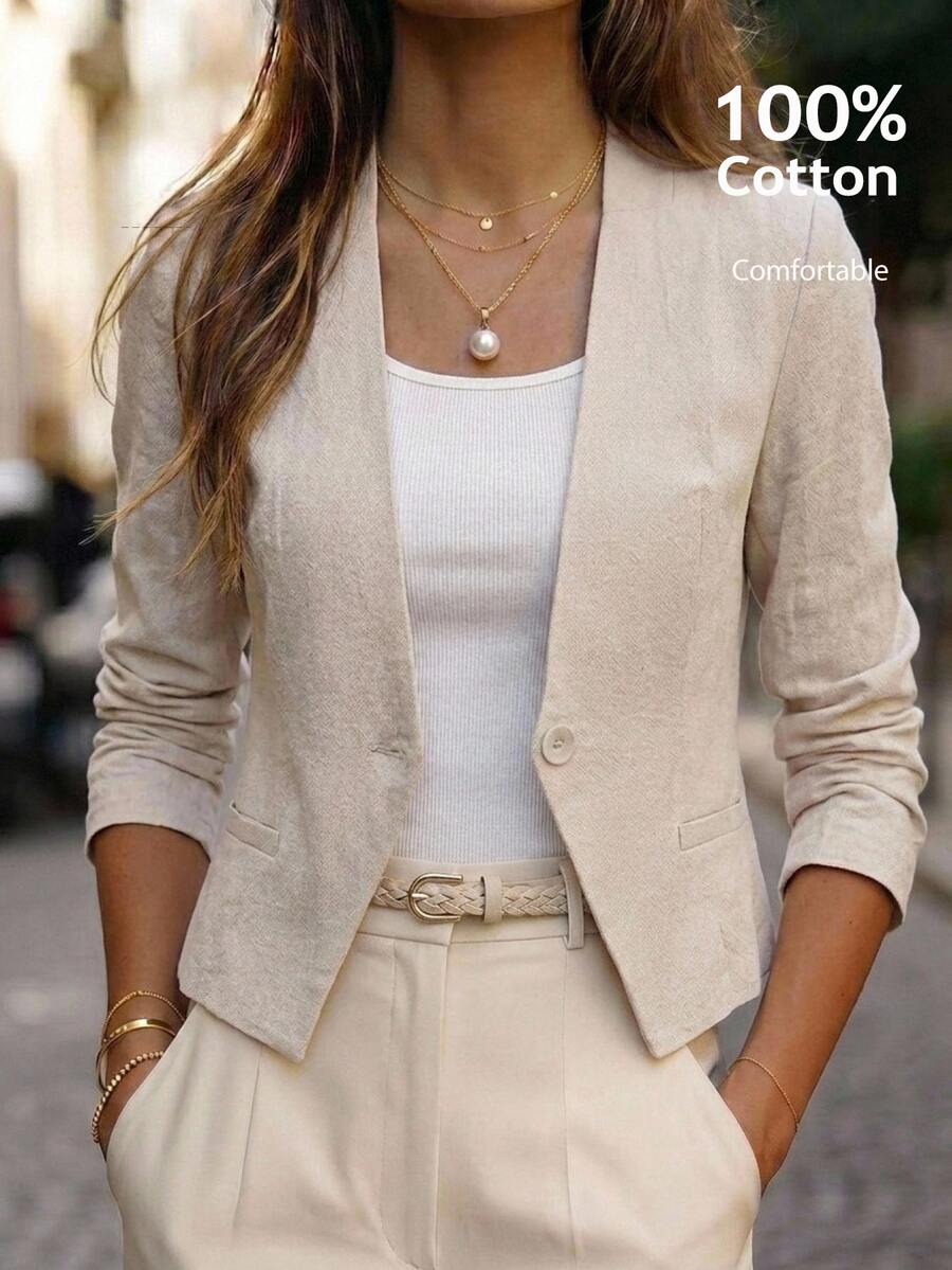 EMERY ROSE Women's Solid Color Single Button Casual Commuter Travel Blazer , Autumn Fall Winter Fall Clothes For Women Winter Clothes - Khaki - View 1