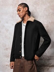 Skyrend Men Old Money Vintage Faux Suede Trucker Jacket, Fleece Shearling Collar Distressed Fall/Autumn/Winter Grunge - Black - View 5