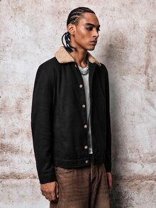 Skyrend Men Old Money Vintage Faux Suede Trucker Jacket, Fleece Shearling Collar Distressed Fall/Autumn/Winter Grunge - Black - View 6