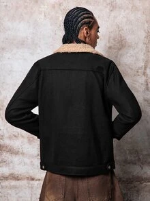 Skyrend Men Old Money Vintage Faux Suede Trucker Jacket, Fleece Shearling Collar Distressed Fall/Autumn/Winter Grunge - Black - View 2
