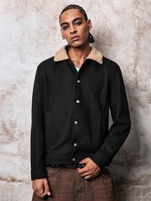 Skyrend Men Old Money Vintage Faux Suede Trucker Jacket, Fleece Shearling Collar Distressed Fall/Autumn/Winter Grunge - Black - View 1