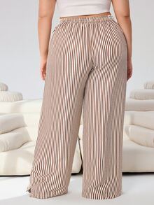 Muchica Plus Size Striped Print Elastic Waist Patch Casual Wide Leg Pants - Rust Brown - View 2