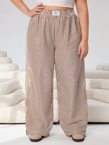 Muchica Plus Size Striped Print Elastic Waist Patch Casual Wide Leg Pants - Rust Brown - View 1