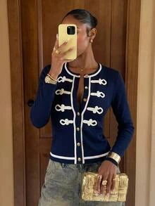 Lumalex Women's Frog Button Design Single-Breasted Long Sleeve Knit Cardigan Office Navy Blue And White Autumn Elegant - Navy Blue - View 3
