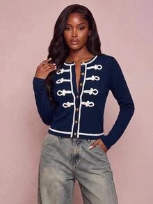 Lumalex Women's Frog Button Design Single-Breasted Long Sleeve Knit Cardigan Office Navy Blue And White Autumn Elegant - Navy Blue - View 1