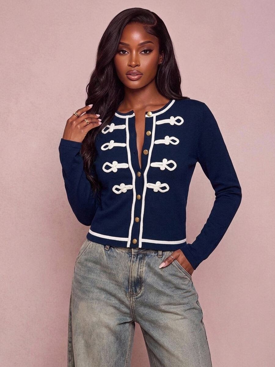 Lumalex Women's Frog Button Design Single-Breasted Long Sleeve Knit Cardigan Office Navy Blue And White Autumn Elegant - Navy Blue - View 1