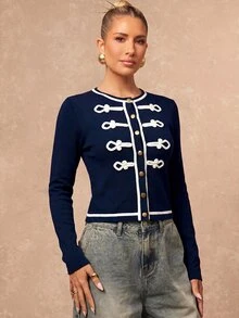 Lumalex Women's Frog Button Design Single-Breasted Long Sleeve Knit Cardigan Office Navy Blue And White Autumn Elegant - Navy Blue - View 5