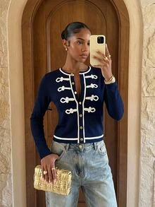 Lumalex Women's Frog Button Design Single-Breasted Long Sleeve Knit Cardigan Office Navy Blue And White Autumn Elegant - Navy Blue - View 2