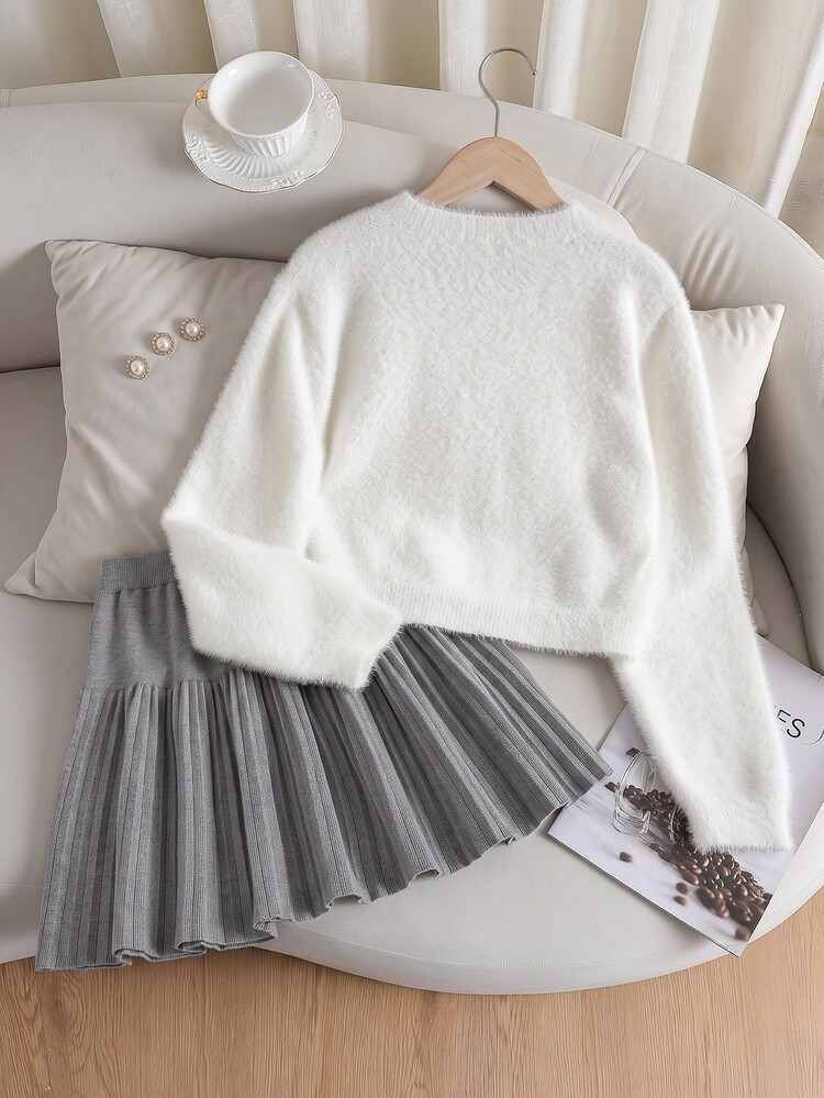 SHEIN Girls Winter 2 Pieces Set, Elegant Bow Sweater And Knitted Pleated Skirt Set - Grey - View 2
