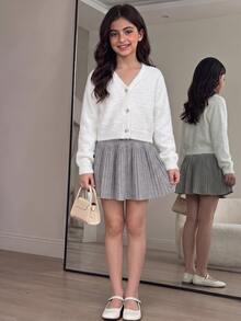 SHEIN 女童冬季兩件套，優雅蝴蝶結毛衣與針織百褶裙套裝 - 灰色 - 查看 1