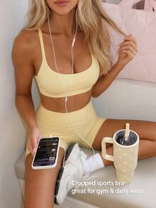 Fluxe Women Cream Yellow Padded Sports Bra Tank Top Cross Back Push Up Seamless Buttery Soft Gym Workout Running Pilates Tennis Training Athletic - Yellow - View 4
