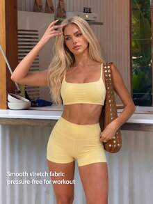 Fluxe Women Cream Yellow Padded Sports Bra Tank Top Cross Back Push Up Seamless Buttery Soft Gym Workout Running Pilates Tennis Training Athletic - Yellow - View 3