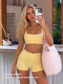 Fluxe Women Cream Yellow Padded Sports Bra Tank Top Cross Back Push Up Seamless Buttery Soft Gym Workout Running Pilates Tennis Training Athletic - Yellow - View 1