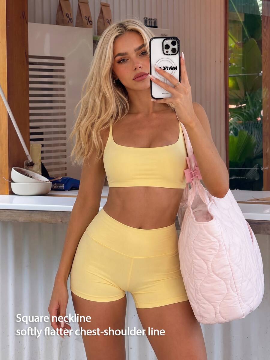 Fluxe Women Cream Yellow Padded Sports Bra Tank Top Cross Back Push Up Seamless Buttery Soft Gym Workout Running Pilates Tennis Training Athletic - Yellow - View 1