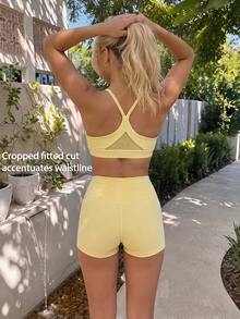 Fluxe Women Cream Yellow Padded Sports Bra Tank Top Cross Back Push Up Seamless Buttery Soft Gym Workout Running Pilates Tennis Training Athletic - Yellow - View 2