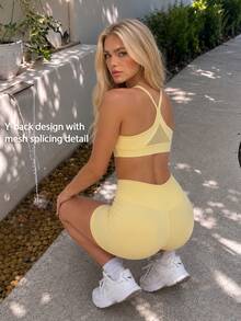 Fluxe Women Cream Yellow Padded Sports Bra Tank Top Cross Back Push Up Seamless Buttery Soft Gym Workout Running Pilates Tennis Training Athletic - Yellow - View 5
