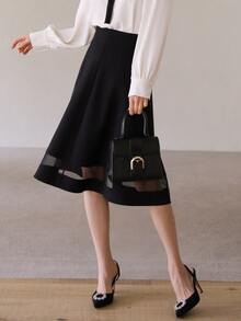 DAZY Women's Solid Color Splicing Mesh Layered Skirt Summer - Black - View 3