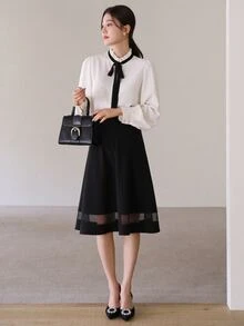 DAZY Women's Solid Color Splicing Mesh Layered Skirt Summer - Black - View 4