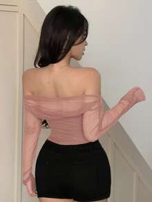 DAZY ملابس علوية نسائية من الشبك المرن الشفاف بكتف واحد، ملابس علوية بأكمام طويلة للربيع/الصيف، ملابس علوية بدون كتف، ملابس علوية قصير للخروج - وردي - مشاهدة 2