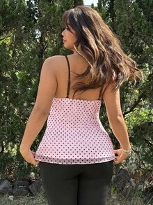 GalTyme Plus Size Women's Contrast Lace Polka Dot Print Bow Decor Camisole Tank Top - Pink - View 2