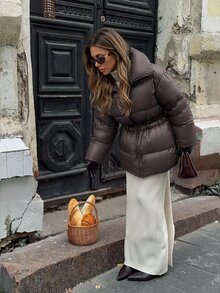 Serisse Dark Taupe Oversized Hooded Puffer Jacket With Adjustable Drawstring Waist, Minimal Matte Finish Mid-Length Winter Coat, Relaxed Urban Fit, Warm Padded Cold Weather Essential Outerwear - Brown - View 4