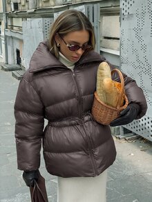 Serisse Dark Taupe Oversized Hooded Puffer Jacket With Adjustable Drawstring Waist, Minimal Matte Finish Mid-Length Winter Coat, Relaxed Urban Fit, Warm Padded Cold Weather Essential Outerwear - Brown - View 1