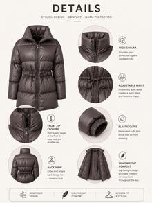 Serisse Dark Taupe Oversized Hooded Puffer Jacket With Adjustable Drawstring Waist, Minimal Matte Finish Mid-Length Winter Coat, Relaxed Urban Fit, Warm Padded Cold Weather Essential Outerwear - Brown - View 5