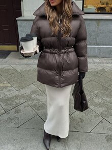 Serisse Dark Taupe Oversized Hooded Puffer Jacket With Adjustable Drawstring Waist, Minimal Matte Finish Mid-Length Winter Coat, Relaxed Urban Fit, Warm Padded Cold Weather Essential Outerwear - Brown - View 6