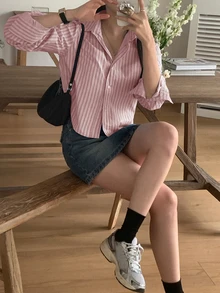 DAZY Women Striped Fitted Cropped Long Sleeve Blouse, Pink, Spring/Autumn,Fall Women Clothes Cute Tops - Pink - View 4
