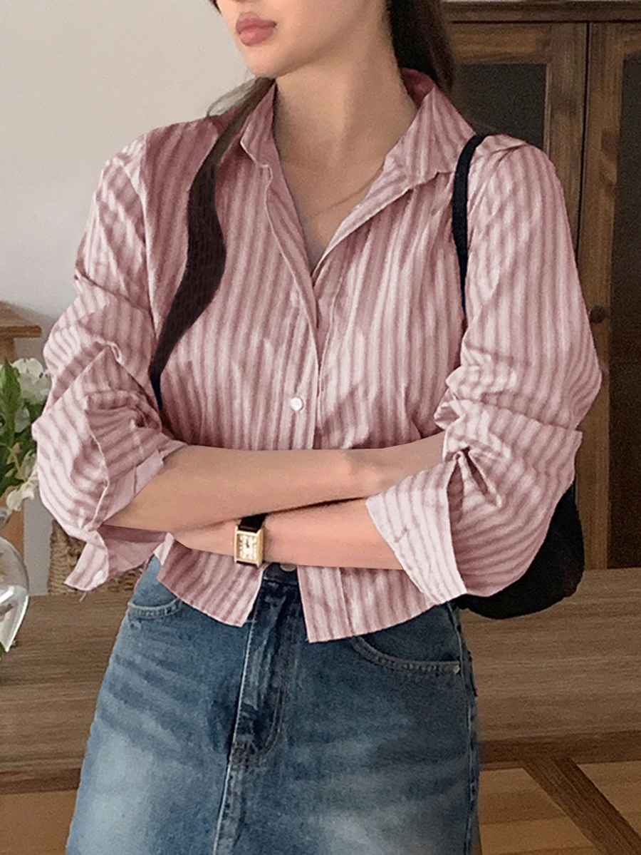 DAZY Women Striped Fitted Cropped Long Sleeve Blouse, Pink, Spring/Autumn,Fall Women Clothes Cute Tops - Pink - View 1