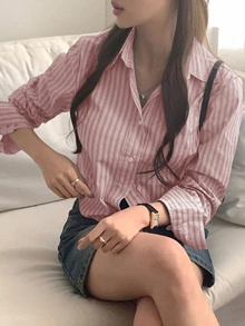 DAZY Women Striped Fitted Cropped Long Sleeve Blouse, Pink, Spring/Autumn,Fall Women Clothes Cute Tops - Pink - View 3