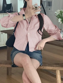 DAZY Women Striped Fitted Cropped Long Sleeve Blouse, Pink, Spring/Autumn,Fall Women Clothes Cute Tops - Pink - View 5